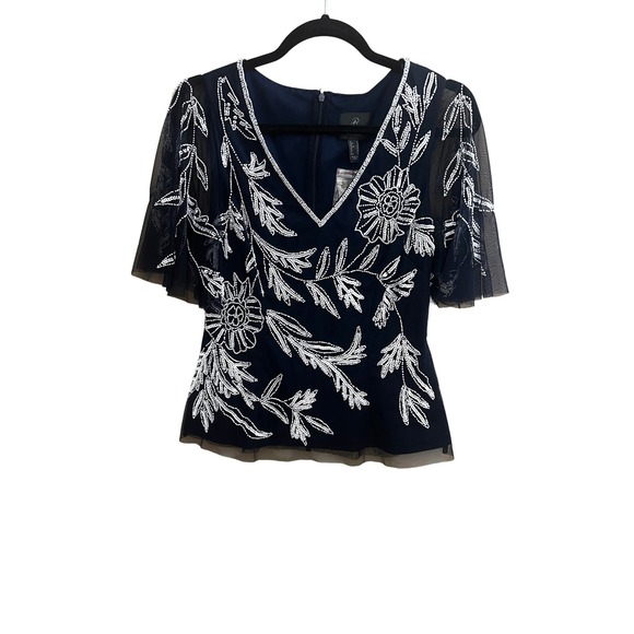 Adrianna Papell Beaded Top‎ Floral Embellished Party Cocktail Blouse Size 4 NEW - Picture 1 of 8